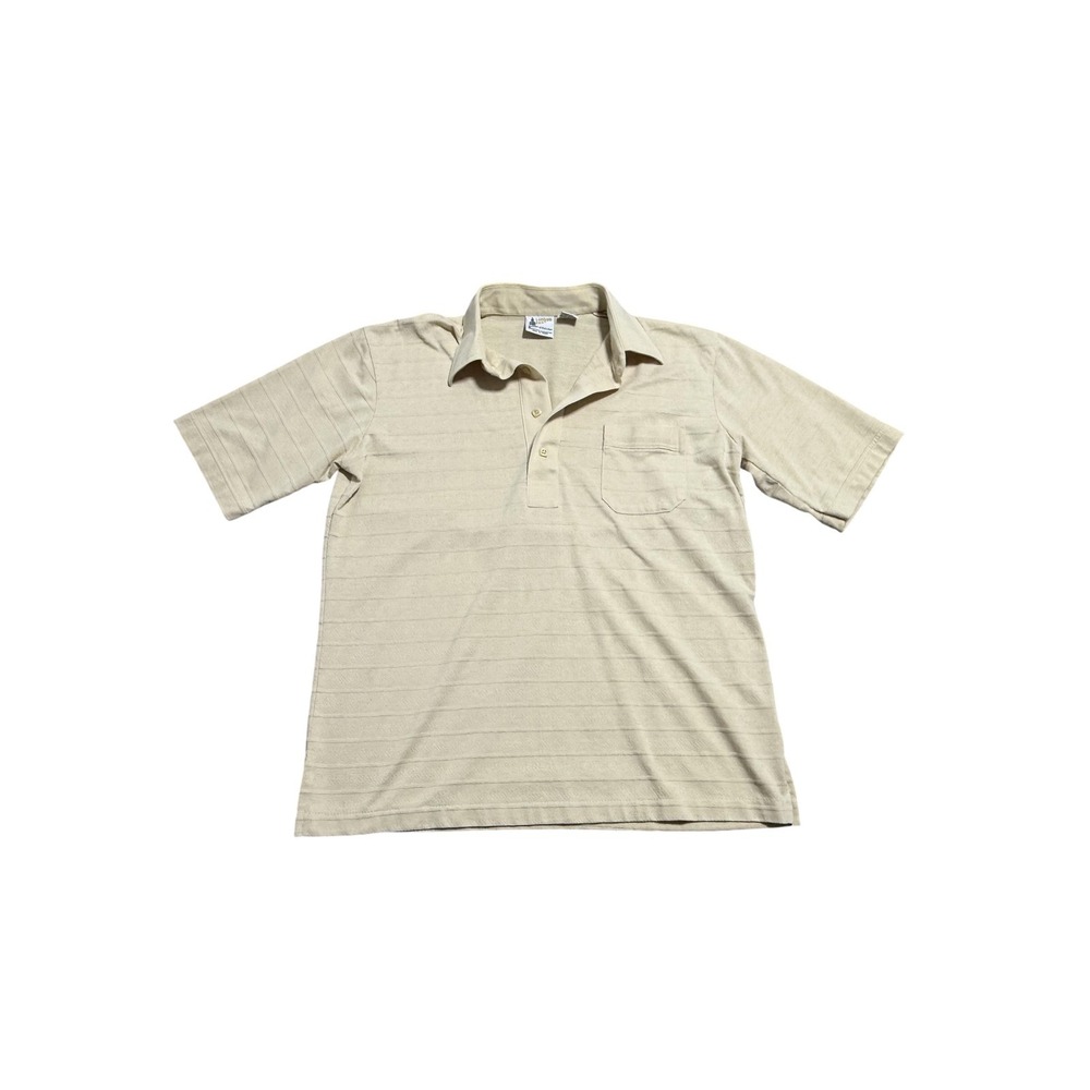 Vintage London Fog Polo Shirt Mens Large Beige Textured Stripe Pocket Made Korea